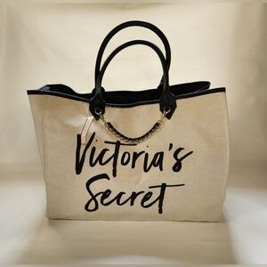Victorias Secret Cream Canvas Tote With Black Script Chain Embellishment